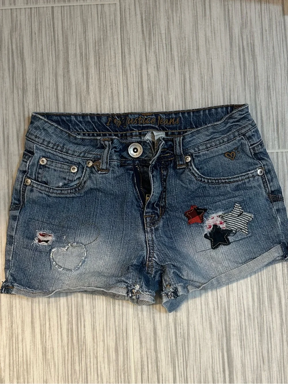 Vintage Justice Girls Blue Denim Distressed Star Patch Shorts